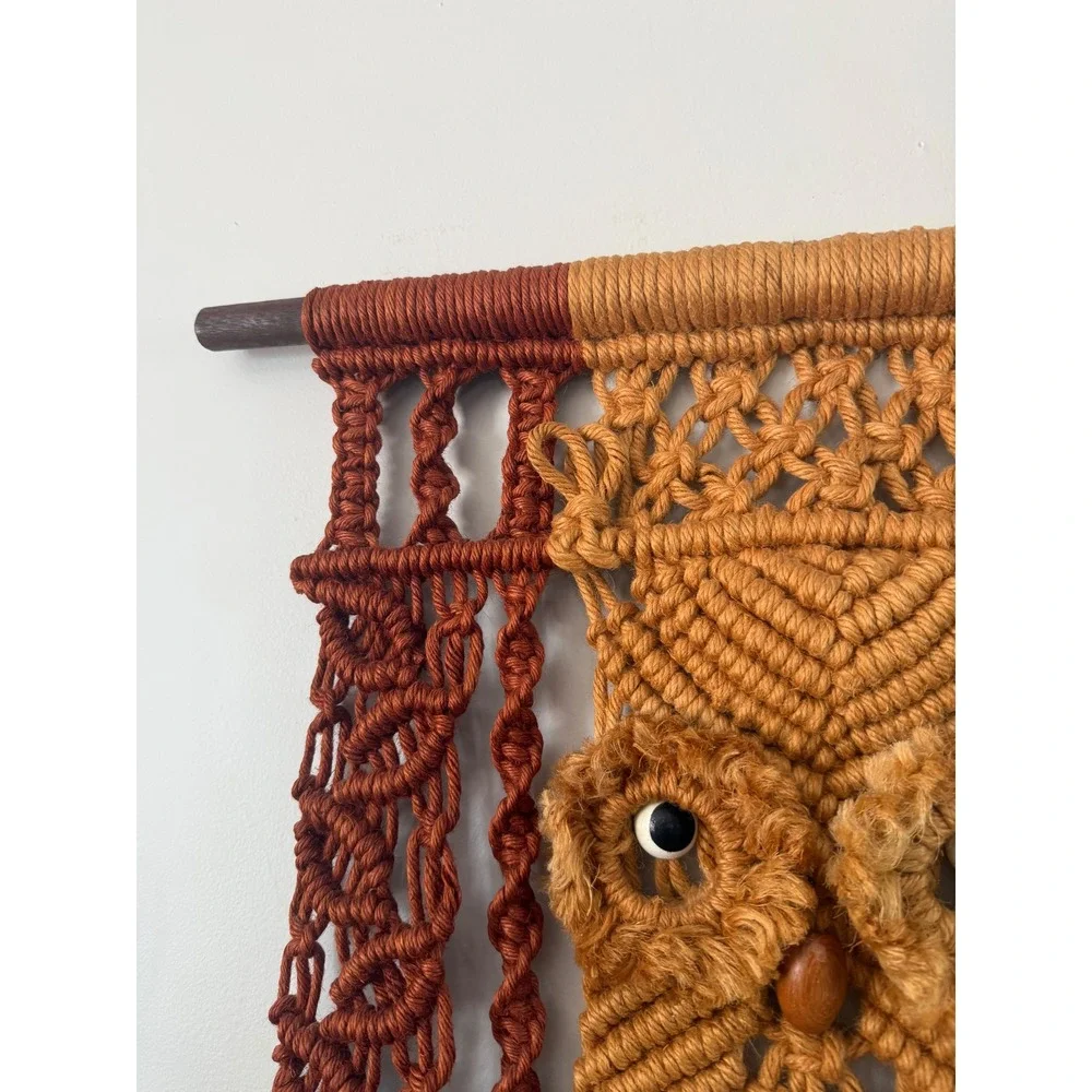 Vintage 70s Macrame Owl Wall Hanging Boho Fiber Art Terracotta Mustard Rust